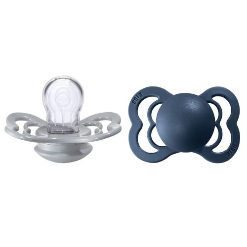 BIBS Supreme Baby Pacifier 2-Pack | Made in Denmark | BPA Free Dummy Soother, Symmetrical Nipple. Silicone, Size 1 (0-6 Months), Cloud/Steel Blue