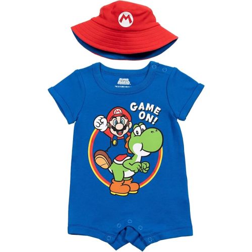 Super Mario Nintendo Mario Yoshi Baby Romper and Bucket Sun Hat Newborn to Infant