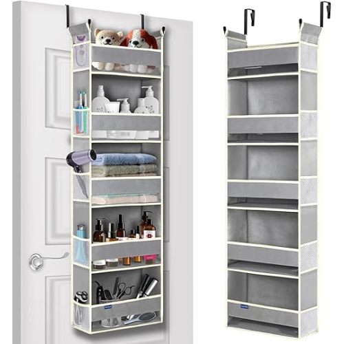Over The Door Organizer 5-Shelves and 10 Side Pockets, Over The Door Storage for Bathroom Bedroom Nursery, Hanging Door Organizer for Baby Diapers and Kids Toys (13"x5"x44", Grey)