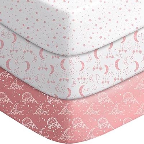 Baby Crib Sheets for Boys Girls, Fitted Crib Sheet Neutral 3 Pack for Standard Crib and Toddler Mattress, Breathable Soft Microfiber Baby Sheet 28x52x8in White Pink Moon