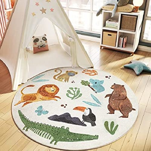 Poowe Round Kids Playroom Rug - Soft Alphabet Nursery Rugs for Bedroom - Playtime Collection, Learning & Game Carpet for Classroom, Best Shower Gift for Infant Toddlers (Round 47.2", Forest)