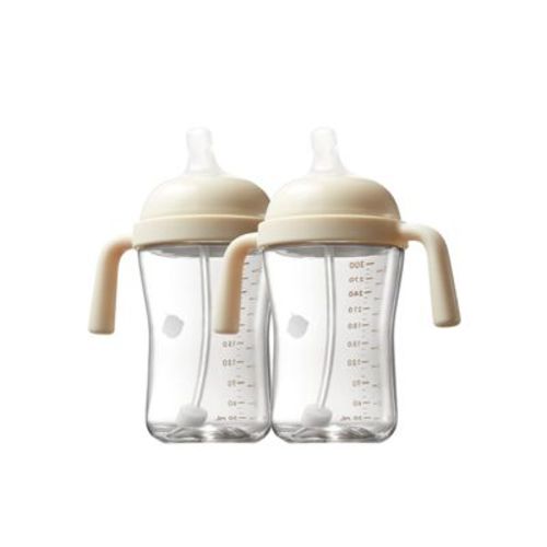 Bc Babycare Baby Toddler Straw Sippy Cup 10 oz BPA-Free PPSU Weighted Straw Drinking Cup 6 Months Up Beige/2 packs