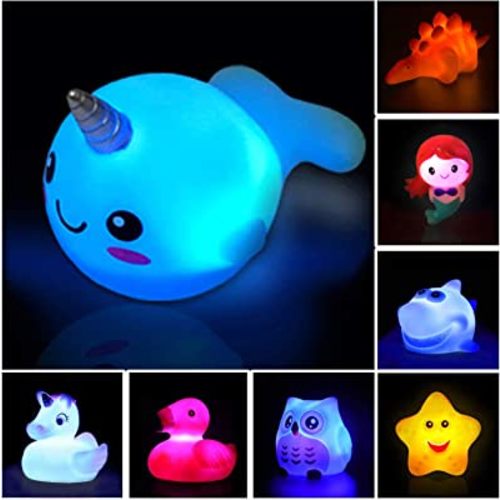 Bath Toys (8 Packs Rubber Animals Toys) Light Up Floating Rubber Toys Flashing Color Changing Light in Water Bathtub Shower Games Toys for Baby Kids Toddler Child …