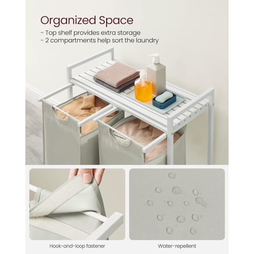VASAGLE Laundry Hamper, Laundry Basket, Laundry Sorter with 2 Pull-Out and Removable Bags, Shelf, Metal Frame, 2 x 12.1 Gallons (46L), 28.8 x 13 x 28.4 Inches, White UBLH201W01 - 2 Bags (28.8"L)