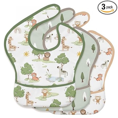 3-Pack Baby Feeding Bibs | Waterproof Stain-Resistant 3D Food Catcher, Soft Lightweight Design for Baby-Led Weaning, Infants & Toddlers 3-24 Months Jungle Animals