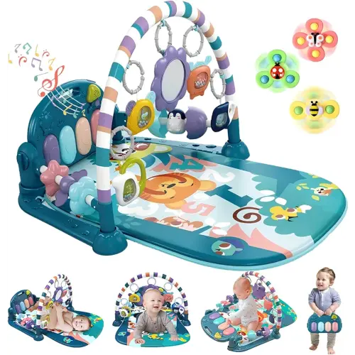 Baby Gym Play Mat, Piano Kick and Play Lights and Music Tummy Time Toys Infant Musical Activity Gym Mat for Visual, Hearing, Sensory, Motor Development Xmas Gift for Baby Newborn 0-12 Months(Blue)