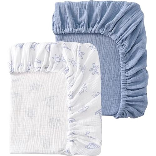 Baby Crib Sheets 2 PCS, 100% Organic Cotton Crib Sheet for Standard Crib Mattress(52”x 28”), Fitted and Soft Breathable Muslin Crib Mattress Sheet for Girl and Boy