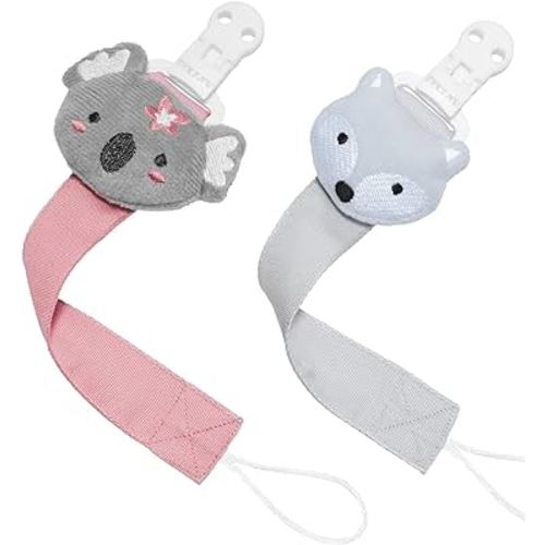 TYRY.HU Pacifier Clip for Baby Girls, 2 Pack Neutral Pacifier Holder Clip for Boys, Soft Webbing Soothie Stuffed Animal Binky Clips Fit All Pacifiers, Cute Baby Birthday Christmas Gift (Koala, Fox)