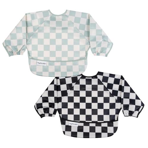 Tiny Twinkle Mess Proof Baby Bibs, 2pk Waterproof Smock Baby Bibs for Eating, Machine Washable Long Sleeve Bibs, Baby Led Weaning, Toddler Bibs, BLW Supplies (Black,Sage Checkers, Small 6-24 Months)