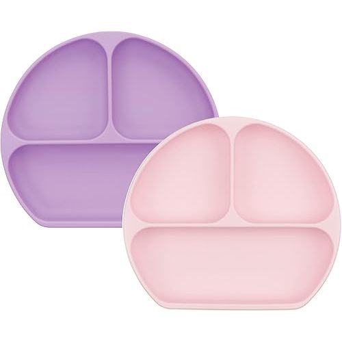 Bumkins Toddler and Baby Suction Plate, Silicone Divided Grip Dish for Babies and Kids, Baby Led Weaning, Children Feeding Supplies, Non Skid Bottom, Platinum Silicone Lavender and Pink