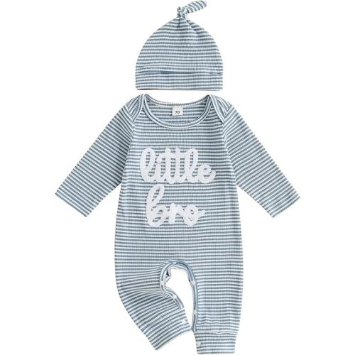 ZAXARRA Newborn Boy Fall Stripe Romper Letter Embroidery Long Sleeve Round Neck Full Length Jumpsuit with Hat
