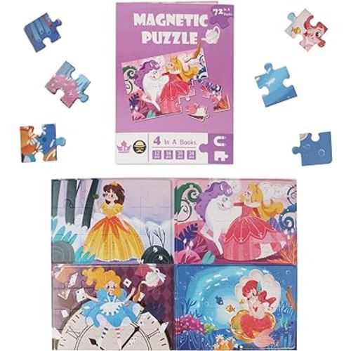 Princess Magnetic Puzzles for Kids Ages 3-5 4-8, Jigsaw Puzzles Folding Book for Toddlers, 4 in A Books Magnetic Puzzles Travel and Learning Toys Birthday Gifts for 3-8 Boys and Girls