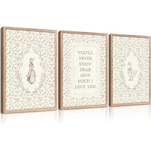 Vintage Animal Nursery Wall Art Cute Bunny and Silly Goose Wall Decor Rabbit Duck Poster Pink Floral Animals Print artwork Pink Nursery painting Picture for Baby Bedroom Kid's Room Home Decor Framed