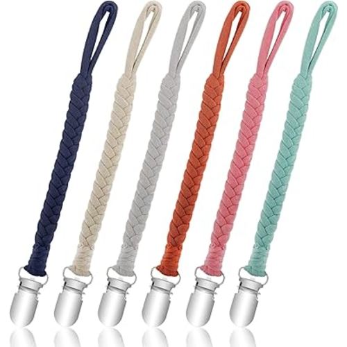 HAUTOCO 6PCS Pacifier Clip for Baby Boys and Girls, Handmade Braided Pacifier Holder Binky Clips Leash Smoother Clips Neutral Paci Clip Fits for Most Pacifier, Baby Teethers Toys
