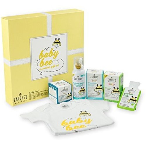 Zarbee's Naturals Baby Bee Essentials Gift Set with Saline Nasal Mist Chest Rub Vitamin D Gripe Water Cough Syrup + Mucus & Zarbee's Romper, Excellent Baby Shower / Registry Gift