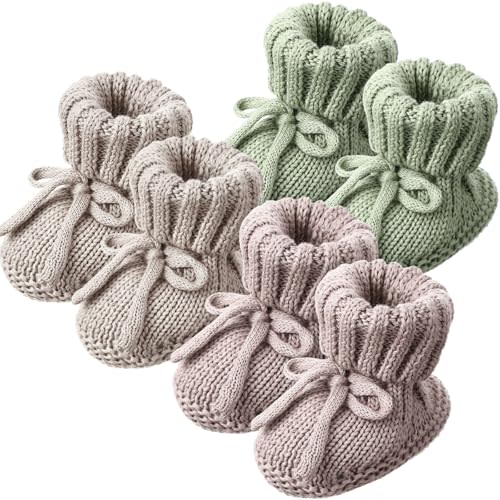 Evervibe 3 Pairs Knitted Baby Booties 0-6 Months Newborn Baby Shoes First Walkers Cozy Shoes for Infant Boy Girl