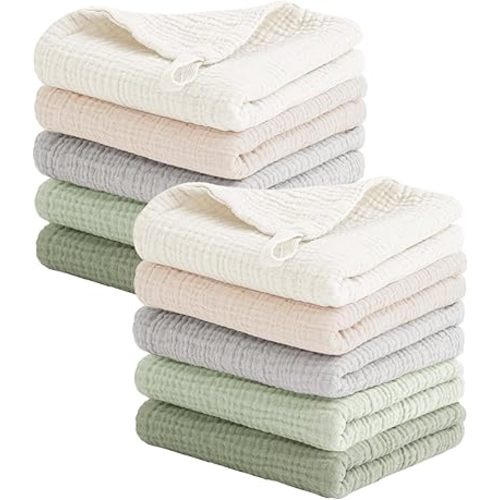 Konssy 10-Pack Muslin Baby Washcloths,100% Cotton Baby Wash Cloths for Newborn Kids Girls & Boys, Soft & Absorbent Washcloths