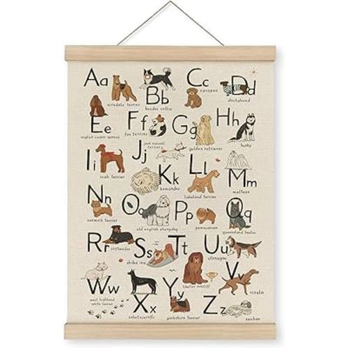 MAQIKA ABC Alphabet Chart Dog Poster Framed with Wood Hanger,Alphabet Banner, Alphabet Abc Poster for Toddlers,Kids Abc Hanging Wall Decor,Dog Breed Canvas Wall Art Paints for Classroom Nursery 12x16