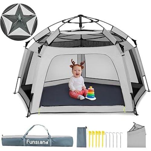 Baby Playpen Pop-up Tent - Outdoor & Indoor Play Tent for Beach with Canopy Travel Bag Portable Play Yard for Babies & Toddlers (Gray)
