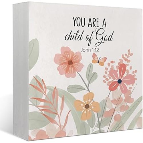 Christian Bible Verse Boho Nursery Decor, Christian Religious Decor Gift, You Are A Child of God Quote Motivational Wooden Box Block Sign Decor for Home Desk Shelf,5x5
