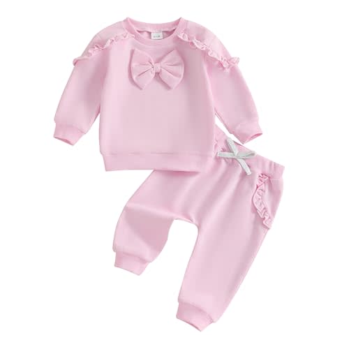 Kupretty Baby Girl Clothes Toddler Fall Winter Outfit Ruffles Crewneck Bow Pullover Sweatshirt + Joggers Pants Set
