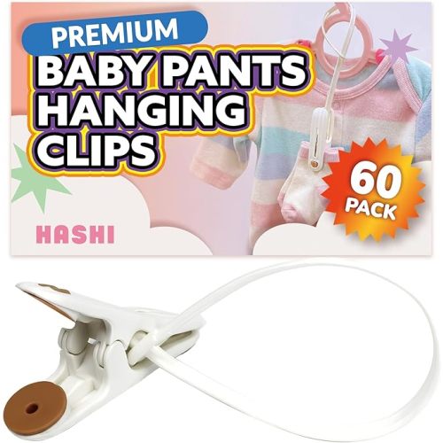 HASHI Baby Clothes & Pants Clips, Non-Slip Hanger Clips with Strong Grip, Space-Saving Organizer for Baby & Toddler Laundry, Closet, Socks, Stroller, Travel & Drying Rack (60, Premium)
