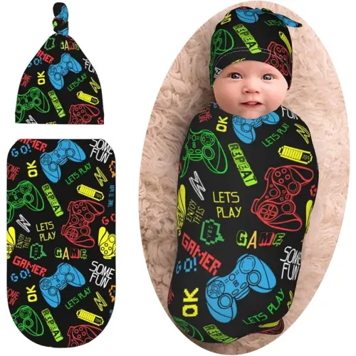 Game Controller Gifts Swaddle Blanket for Boys With Beanie Set, Soft Gaming Baby Swaddle Sack Newborn Sleeping Sacks