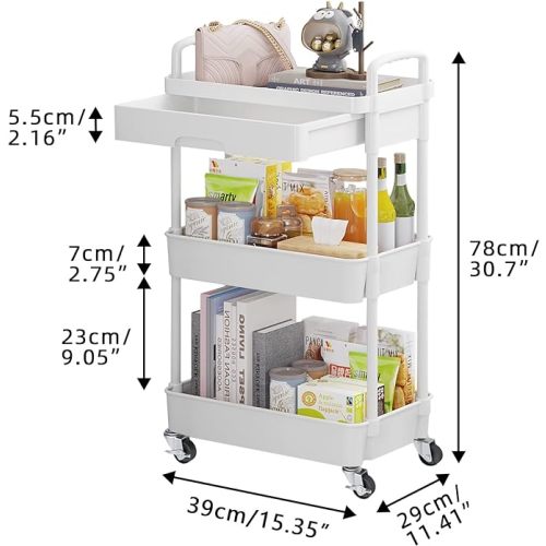 Calmootey 3-Tier Rolling Utility Cart with Drawer,Multifunctional Storage Organizer with Plastic Shelf & Metal Wheels,Storage Cart for Kitchen,Bathroom,Living Room,Office,White