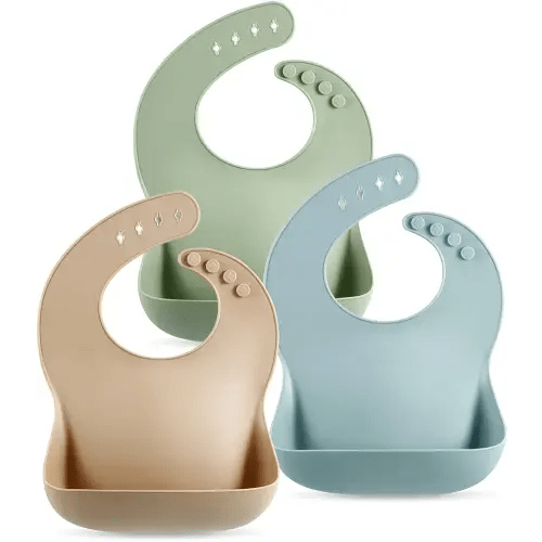 Set of 3 Silicone Baby Bibs by PandaEar - Waterproof, Soft, Unisex, 10-72 Months (Brown/Blue/Green)