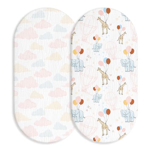 Muslin Bassinet Sheets 2 Pack, Universal Cotton Fitted Baby Mattress Sheet | Soft Breathable Muslin Cotton, 360° Elastic Snug Fit Oval & Rectangle Bassinet Mattresses Set, Cute Animals