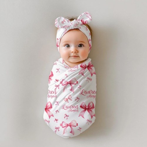 Coquette Bow Swaddle Set, Pink Bow Baby Blanket, Girl Newborn Swaddle Blanket, Coquette Aesthetic, Personalized Pink Bow Swaddle Set G90