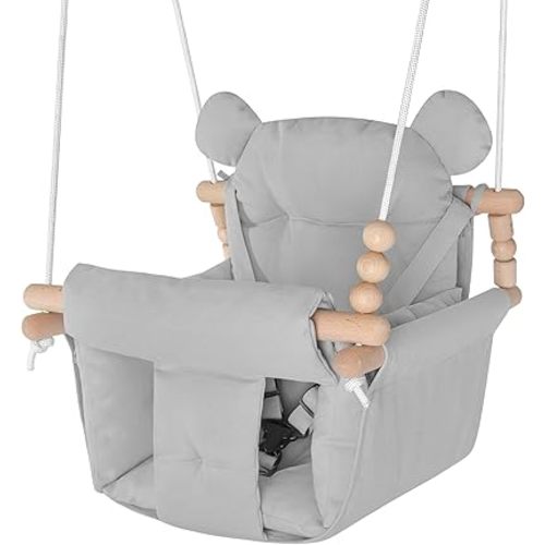 Baby Swing Outdoor Indoor, Secure Canvas Baby Swing,Wooden Baby Hanging Swing for Infant,Toddler Swing Seat,3-Point Adjustable Safety Harness,Mounting Hardware Included,Gift for Baby Boys Girls,Grey