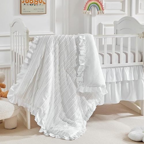 3 Pieces Tufted Stripes Crib Bedding Set with Ruffle Fringe, White Ruffled Comforter with Fitted Sheet and Bed Skirt , Soft and Embroidery Shabby Chic Boho Bohemian Jacquard Design for Baby Girls Boys