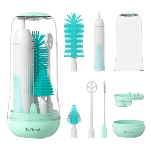 TpChapNi Electric Travel Baby Bottle Brush Set, Electric Bottle Brush Cleaner, Silicone Bottle, Nipple and Straw Brush, Stirring Disperser, Drainage Rack, Storage Box (Green)