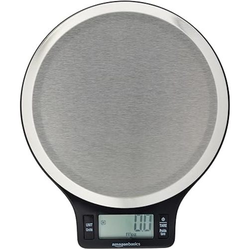 Amazon Basics Digital Kitchen Scale with LCD Display, Batteries Included, Weighs up to 11 pounds, Black and Stainless Steel