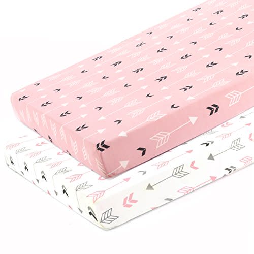 Stretchy Fitted Pack n Play Playard Sheet Set BROLEX 2 Pack Portable Mini Crib Sheets,Convertible Playard Mattress Cover,Ultra Soft Material,Pink White Arrow