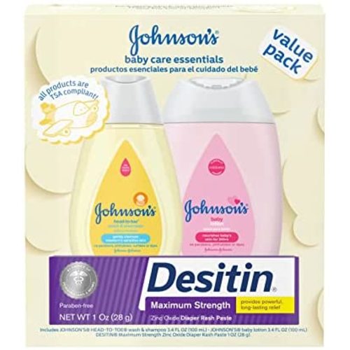 Johnson's Baby Care Essentials Gift Set, Baby Skincare Set with Body Wash & Shampoo, Body Lotion, & Zinc Oxide Diaper Rash Paste for Baby's Delicate Skin, Value Pack, Travel-Size, 3 Items
