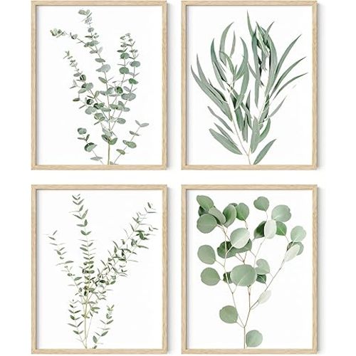 HAUS AND HUES Botanical Plant Wall Art Prints - Set of 4 Plant Wall Decor Prints, Floral Kitchen, Flower Leaves Wall Art, Boho Leaf Eucalyptus Wall Decor, Green Botanical Poster (Beige Frame, 11x14)