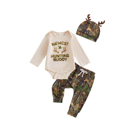 BemeyourBBs Baby Boys Pants Set Letters Print Romper with Leaves Pants Antlers Hat