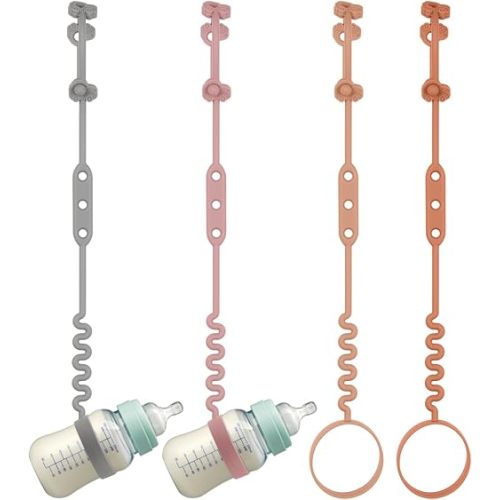 Baby Bottle and Sippy Cup Straps - Adjustable Straps Attach with Strollers, High Chair, Shopping Cart - Food Grade Silicone - Dishwasher Safe (4 Packs, Color 2)