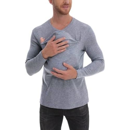 Kangaroo Shirt for Dad and Baby, V-Neck Long Sleeve T-Shirt, Grey, Male, Baby Boys, Modern, Loose Fit