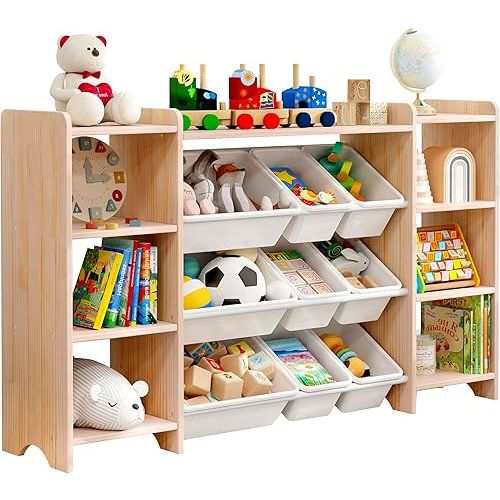 MallBest 4-Tier Kids' Toy Storage Organizer Shelf - 100% Solid Wood,Extra Wide Children's Storage Cabinet with 9 Plastic Bins and 6 Storage Ports