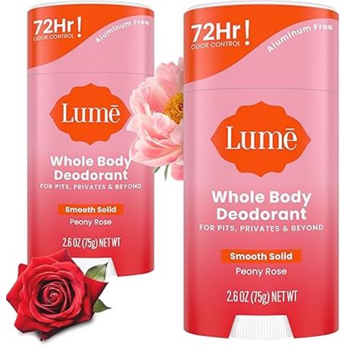 Lume Whole Body Deodorant - Smooth Solid Stick - 72 Hour Odor Control - Aluminum Free, Baking Soda Free and Skin Safe - 2.6 Ounce (Pack of 2) (Peony Rose)