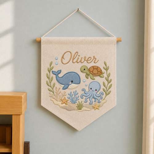 Personalized Embroidered Ocean Animals Wall Hanging Banner, Custom Baby Name Sign, Under the Sea Nursery Decor, Baby Shower Gift