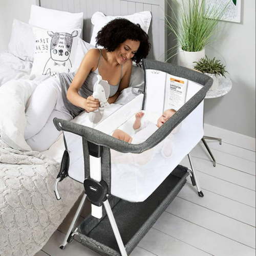 OLAKIDS Baby Bassinet Bedside Crib, Newborn Sleeper w/Large Storage Basket, Adjustable Heights & Angle, Detachable Mattress, Breathable Mesh, Easy Moving Bed Side, Dark Grey