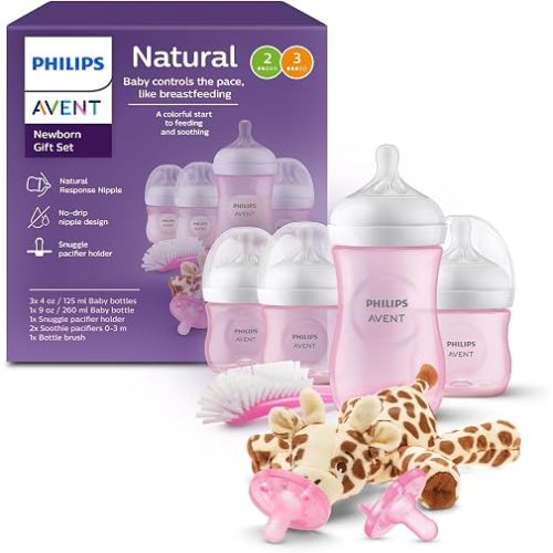 Philips Avent Natural Response Baby Gift Set - 3X 4oz Pink Bottles with Slow Flow Nipples (Flow 2), 1x 9oz Pink Bottle with Medium Flow Nipples (Flow 3), 2X Soothie Pacifiers 0-3m, SCD838/03