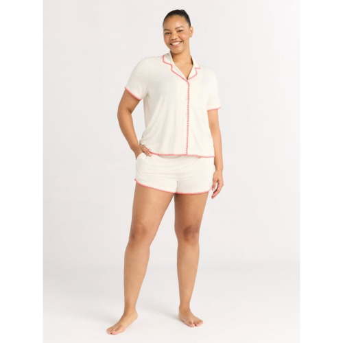 Joyspun Women’s Short Sleeve Notch Top and Shorts Pajama Set with Blanket Stitching, Sizes XS-3X