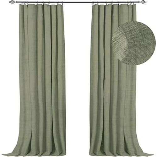 100% Blackout Shield Full Blackout Curtains for Bedroom 96 inch Length 2 Panels Set, Clip Rings/Rod Pocket Faux Linen Black Out Curtains for Living Room, Thermal Insulated, 50Wx96L, Light Sage