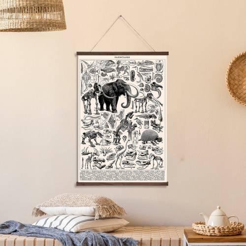 Prehistoric Fossils Wall Hanging - Woolly Mammoth Paleontology Illustration - Printed on Premium Canvas With Real Walnut Wooden Hangers
