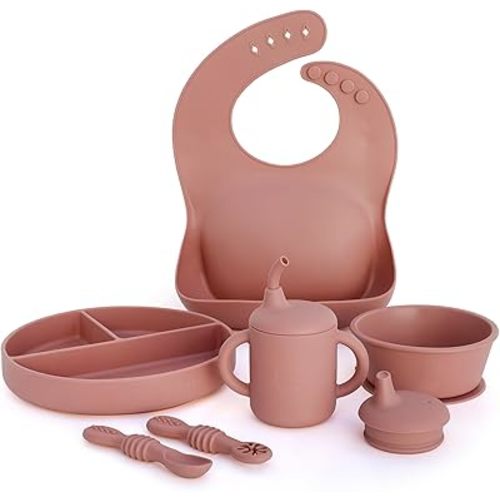 Feeding Essentials: Baby Led Weaning Supplies with Baby Plates, Silicone Bibs, Baby Spoons, Sippy Cups, Toddler Plates and Bowls Set - Baby Essentials - Baby Shower Gifts (Rose)